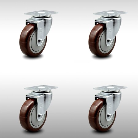 Service Caster 4 Inch SS Maroon Polyurethane Wheel Swivel Top Plate Caster Set SCC-SS20S414-PPUB-MRN-4